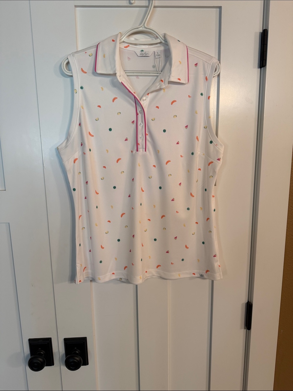 NWT Lady Hagen  Sleeveless Polo Tank with Pink-Trim and Multicolor fruit 🍉